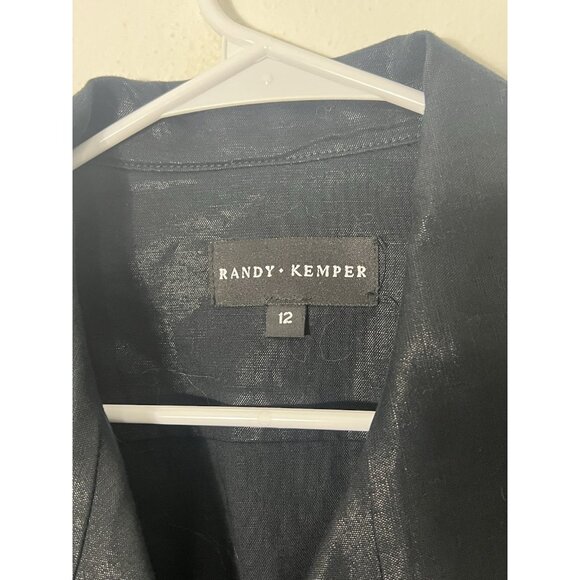 Randy Kemper Button Down Shiny Black Linen Blend Blouse Size 12 - Picture 4 of 15